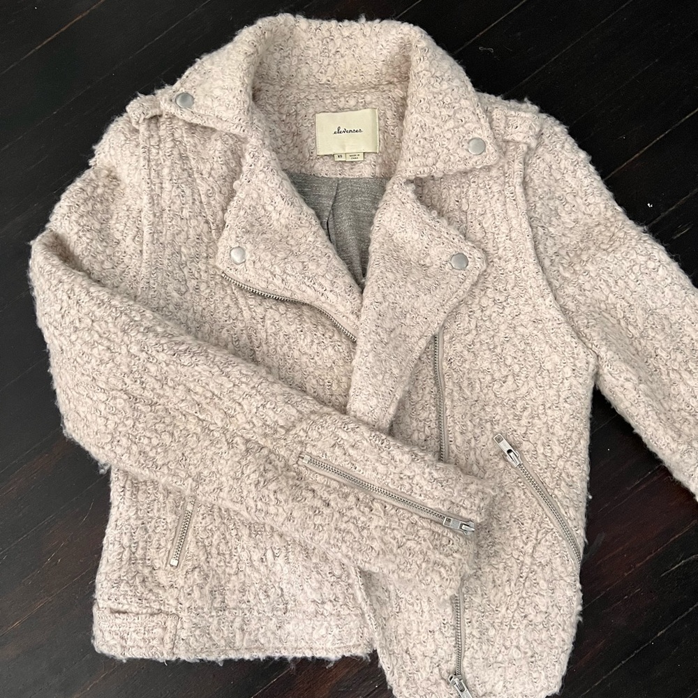Elevenses Anthropologie Moto Biker Cream Boucle Zip Bomber Jacket